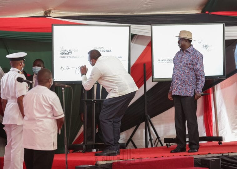 President Uhuru Kenyatta and ODM Leader Raila Odinga during the launch of BBI signature collection exercise. 