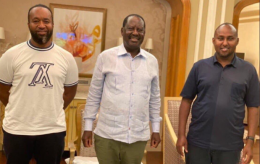 File image of Governor Hassan Joho, House Minority Whip Junet Mohamed and ODM leader Raila Odinga in Dubai.