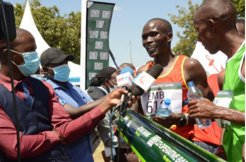 Kibiwott Kandie of Embakasi Garrison talks to the press after winning the 10 km men’s race at this year’s KDF Annual Cross-country Championships held at the Moi Air Base in Eastleigh Nairobi on Friday 29 January 2021.