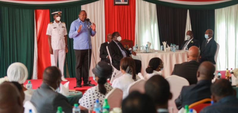 President Uhuru Kenyatta speaks at the first memorial service of former President Daniel Toroitich arap Moi at the family's home in Kabarak, Nakuru County.