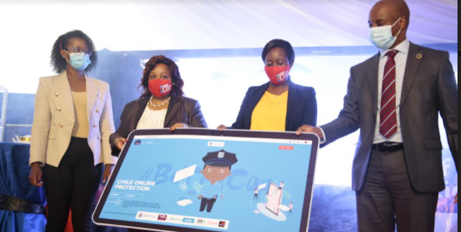 (From left) Caroline Simba, Head of Legal, Jamii Telecom, Ag. Director General, Mercy Wanjau, Communications Authority of Kenya, Chief Adminstrative Secretary, ICT, Maureen Mbaka and Steve Chege, Chief Corporate Affairs Officer, Safaricom launch an intera