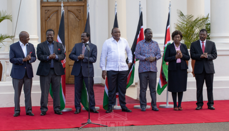 President Uhuru Kenyatta, ODM leader Raila Odinga, Wiper party leader Kalonzo Musyoka, Baringo Senator Gideon Moi, Bungoma Senator Moses Wetangula, and Governor Charity Ngilu.