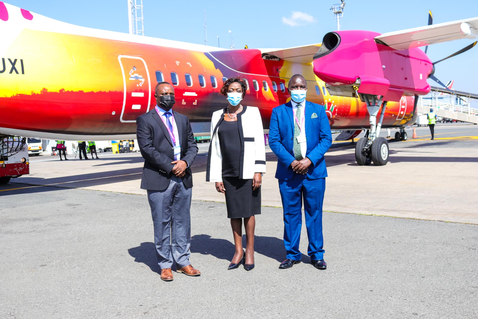 Jambojet Head of Operations Captain Michael Kwinga (L), Kenya Tourism Board CEO Dr Betty Radier and Jambojet Head of Sales and Marketing Titus Oboogi during the launch of a partnership to promote domestic tourism