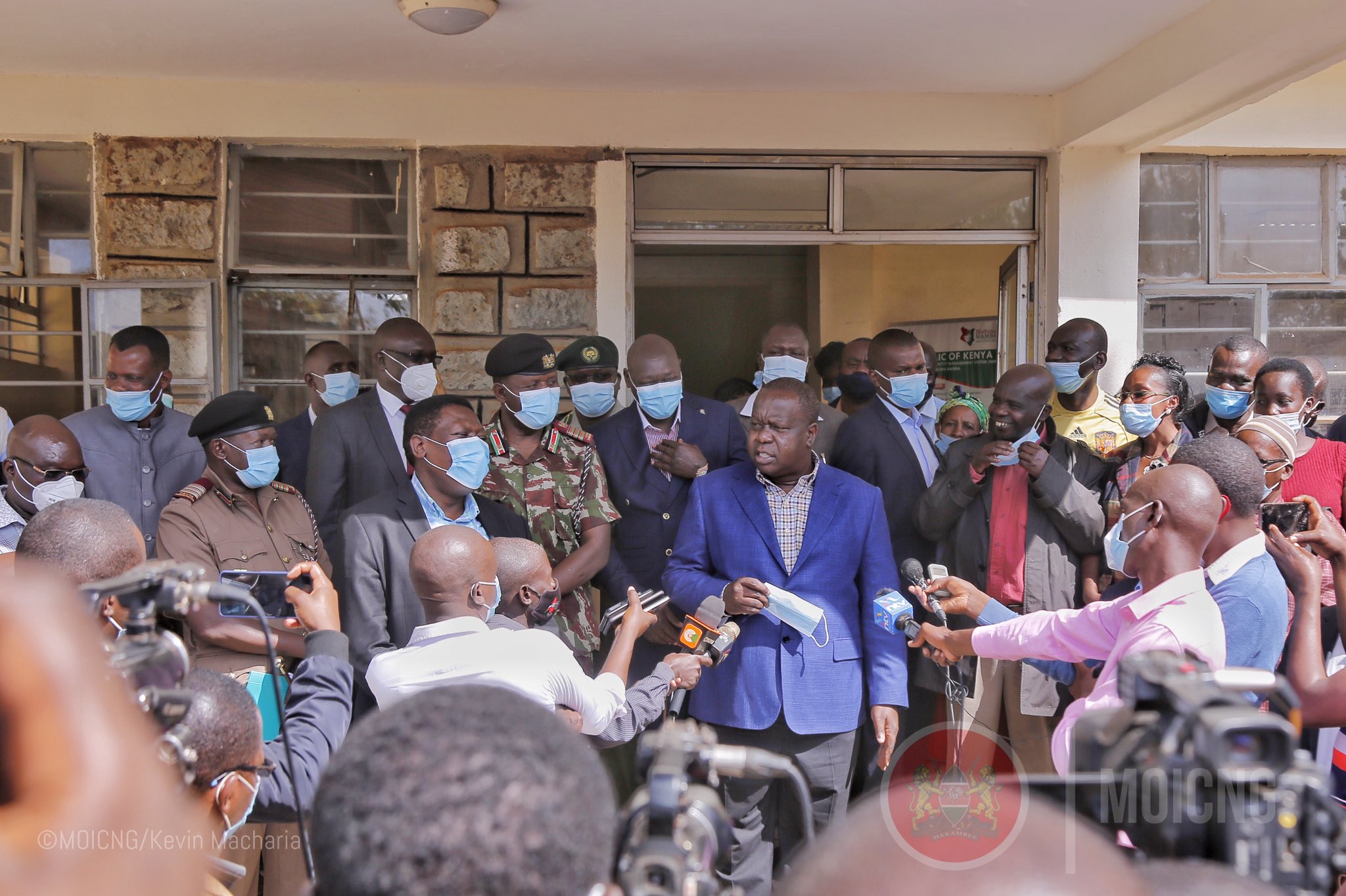 Interior Cabinet Secretary Fred Matiang'i addresses the media in Kitale on Monday, March 1, 2021.