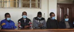 From Left: Geoffrey Warutumo, Raphael Wachira, Eddy Kariuki, James Mahinda and Stephen Wang’ondu in Nyeri Court on Tuesday, March 2, 2021. |Photo| Courtesy|
