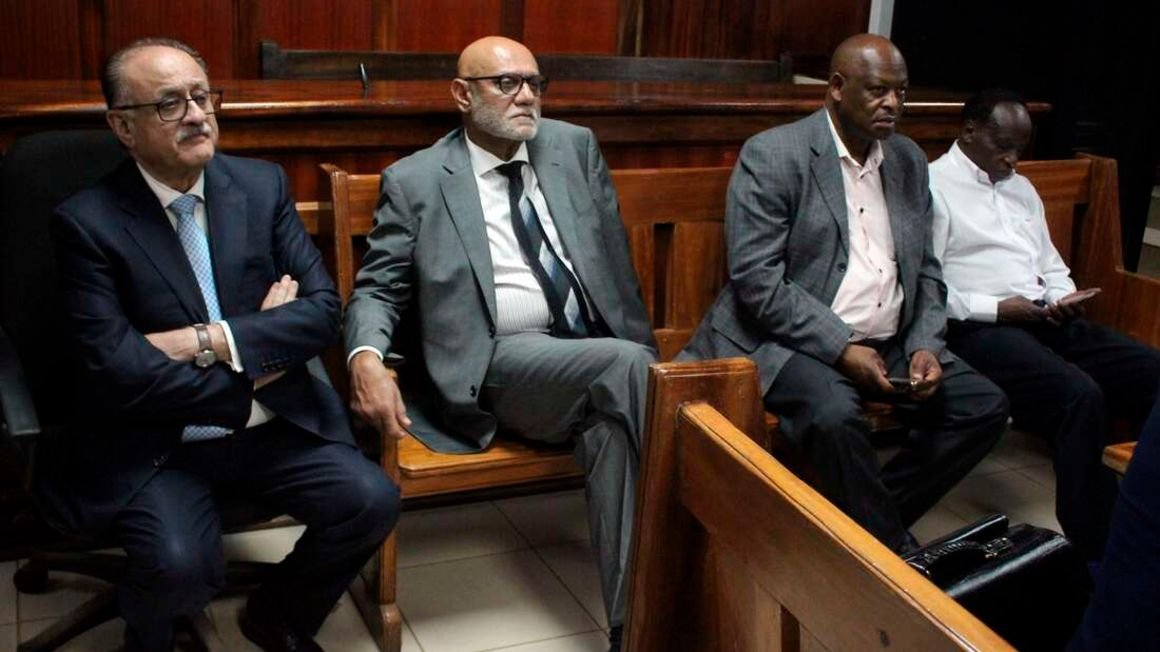 From right to left: Anglo-Leasing suspects Dave Mwangi, David Onyonka, Deepak Kamani and Rashmi Kamani at a Milimani Court on October 11, 2018. |Courtesy| Business Daily|