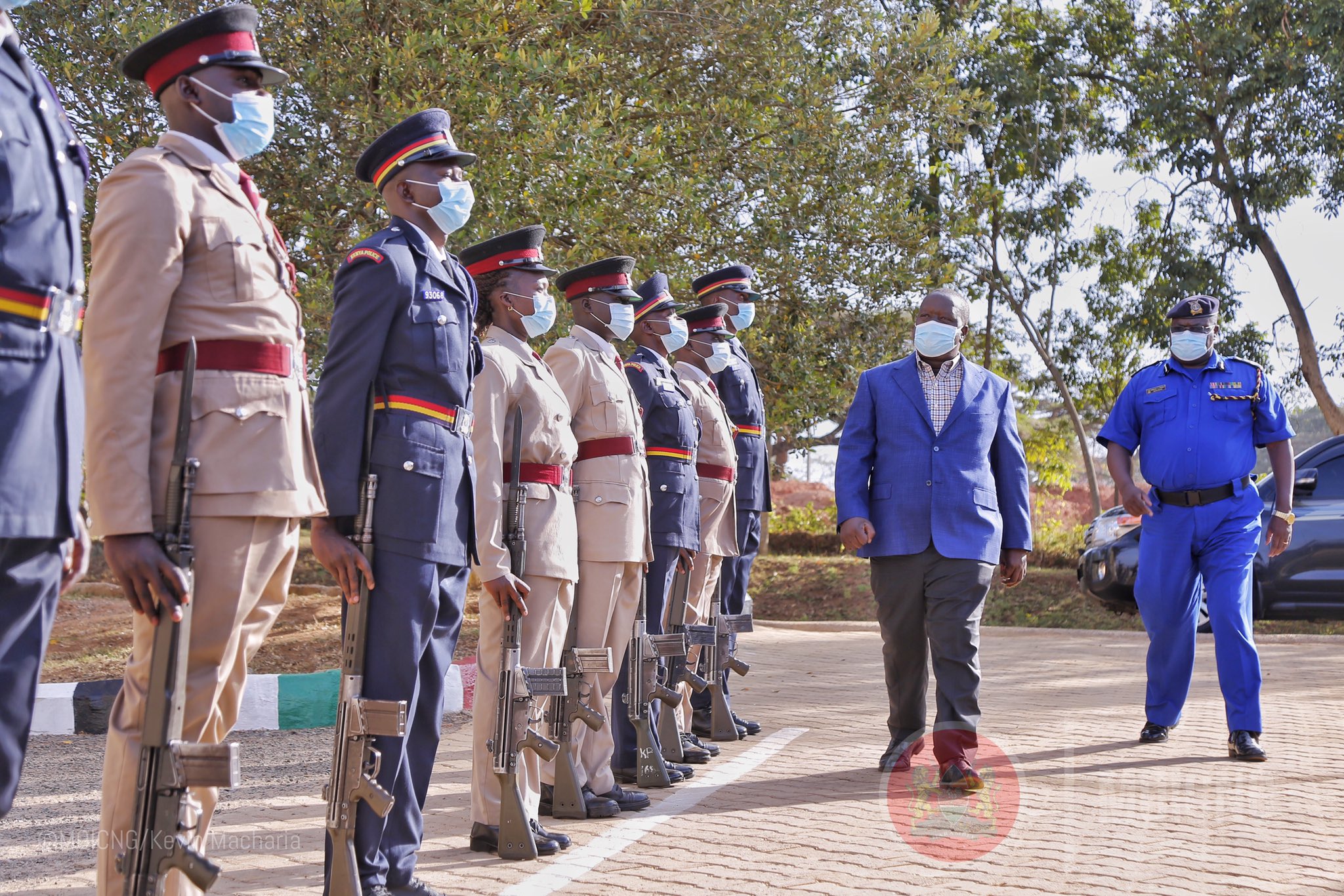 Interior Cabinet Secretary Fred Matang'i inspects a police parade in Kitale.