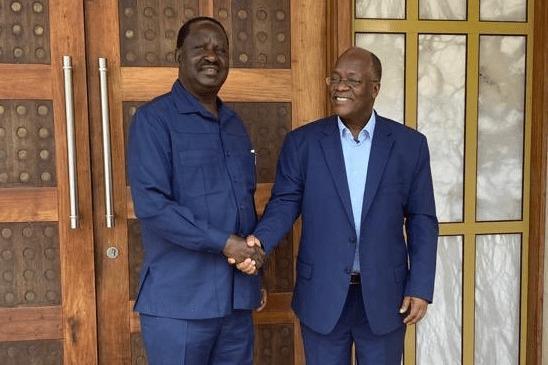 File image of ODM Leader Raila Odinga and fallen Tanzanian President John Pombe Magufuli. |Photo| Courtesy|