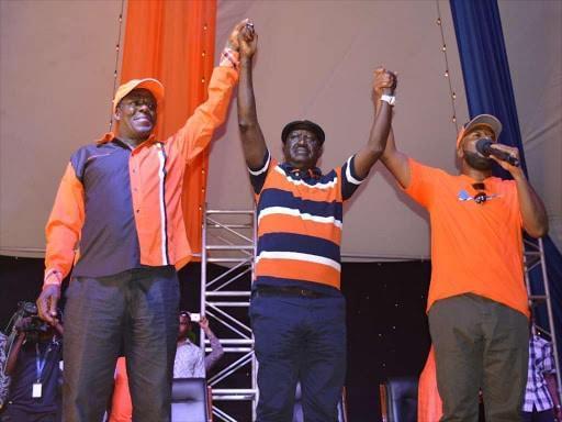 ODM Presidential race aspirants Raila Odinga and Governors  Ali Joho and Wycliffe Oparanya.