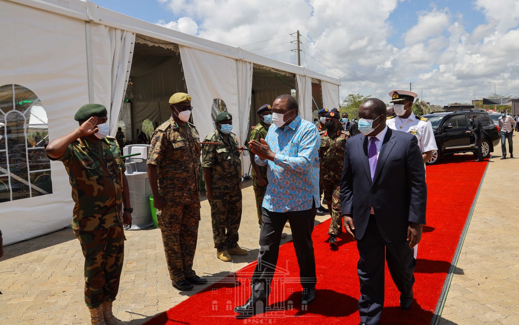 President Uhuru Kenyatta and Interior CS Fred Matiang'i arrive at the National Security Industries in Ruiru, Kiambu County to commission the Small Arms Factory on April 8, 2021. |Courtesy| PSCU|