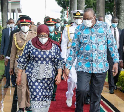 President Uhuru Kenyatta bids farewell to his Tanzania counterpart Her Excellency Samia Suluhu Hassan at Jomo Kenyatta International Airport (JKIA). 