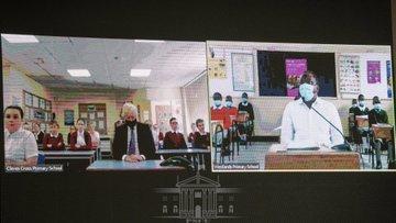 President Uhuru Kenyatta joins pupils of Westlands Primary School in a conversation with their Cleves Cross Primary School counterparts in the UK where Prime Minister Boris Johnson joined the Head of State in a joint virtual tour of the two institutions. 