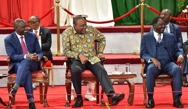 Deputy President William Ruto, President Uhuru Kenyatta and ODM leader Raila odinga during the BBI launch at the Bomas of Kenya on November 27, 2019.