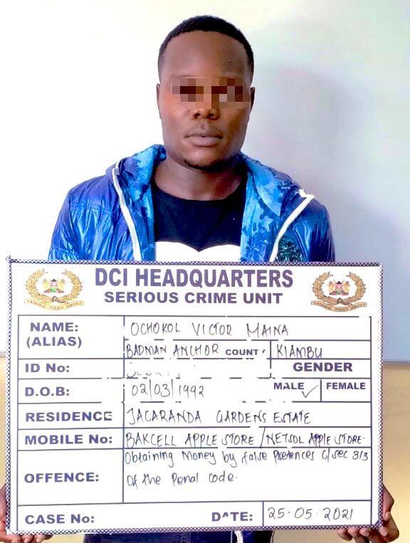 Ochokol Brian Maina after he was arrested on May 25, 2021. |Courtesy| DCI Twitter|