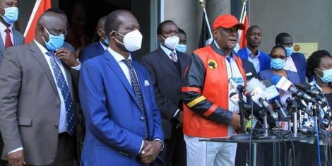 File Image of Jubilee Vice-Chairman David Murathe and Secretary-General Raphael Tuju addressing  the media outside Jubilee Party offices 