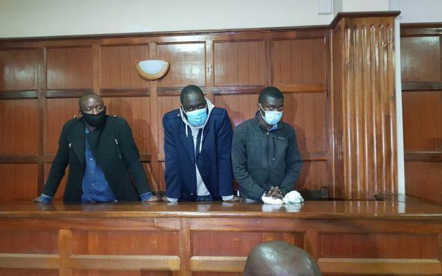 File image of IPOA officers Nobert Ouko Opeyo, Bernard Ochieng Okello, David Bahati Okunda during their trial on May 31, 2021. |Courtesy| People Daily|