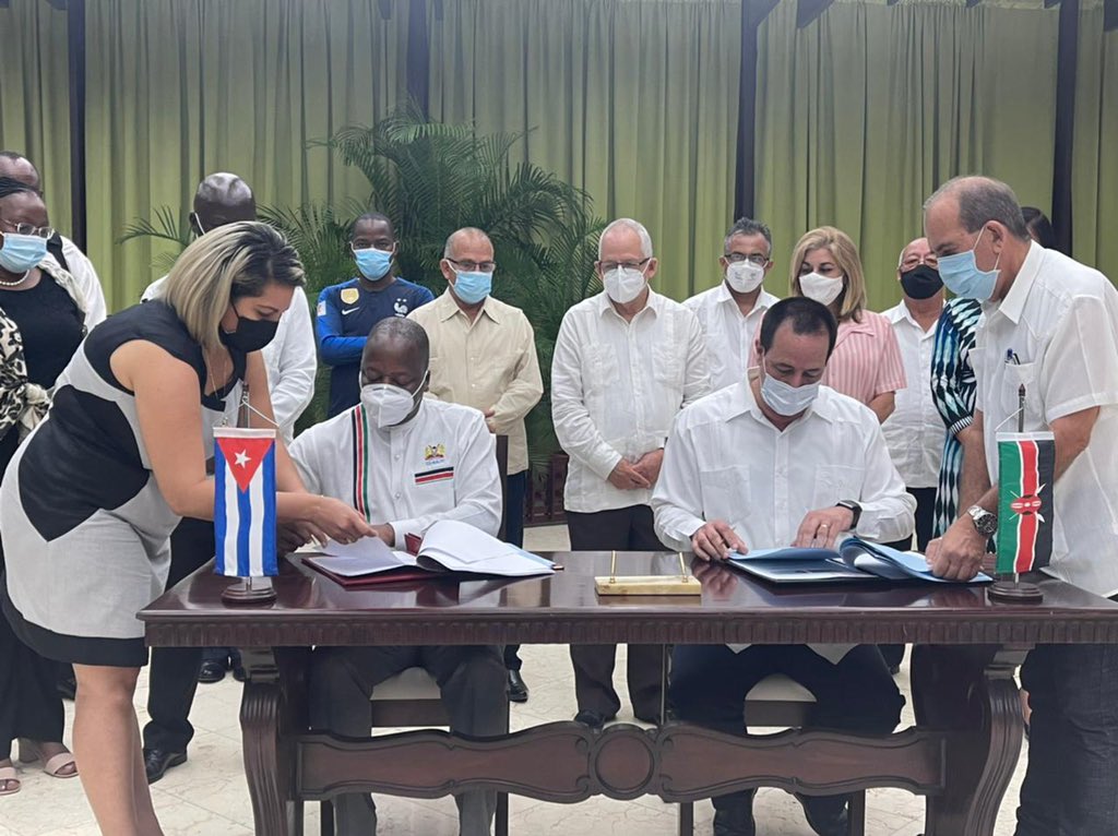 Health CS Mutahi Kagwe and Cuban Minister of Public Health Dr. Jose Angel Portal Miranda sign a new coorperation agreement on June 7, 2021. |Courtesy| Twitter|