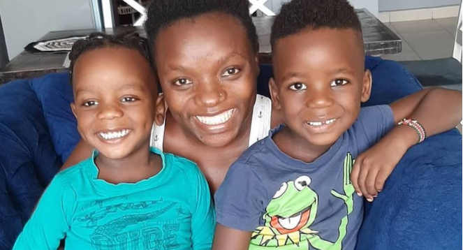 Gloria Nyaboke Moraa with the two children she sired with Ayimba