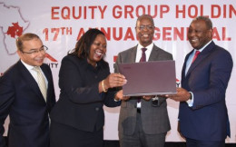 Equity Group Board Chairman, Prof. Isaac Macharia (centre), Group Managing Director and CEO, Dr. James Mwangi (2nd right) and Group Executive Director, Mary Wamae (left) discuss the performance of the Group during this year’s Annual General Meeting. Looki
