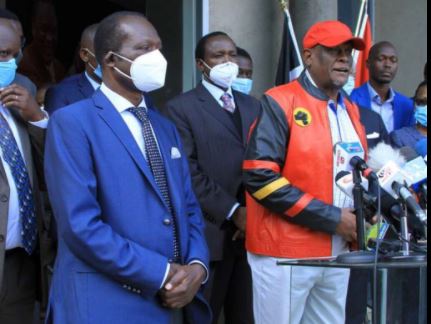 File Image of Jubilee Party officials Raphael Tuju and David Murathe during a past presser. 