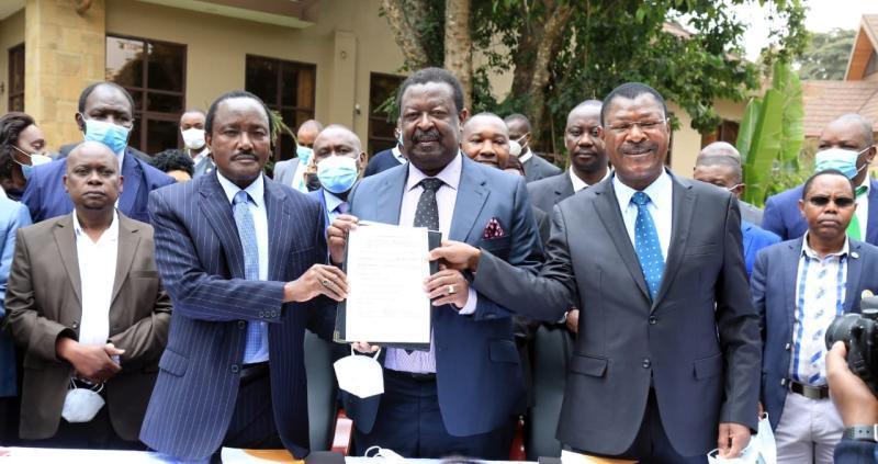 Former Nasa principals Kalonzo Musyoka, Musalia Mudavadi and Moses Wetangula  as they officialy dissolved the coalition