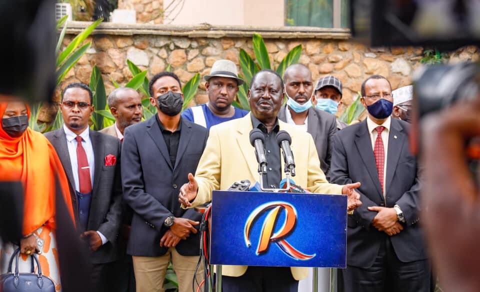 Raila Odinga addressing a press conference at Serena Hotel Nairobi
