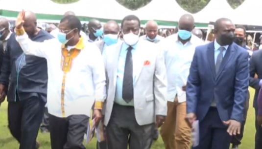 ANC leader Musalia Mudavadi, FORD Kenya’s Moses Wetangula, and allied MPs walk out out of church function. 