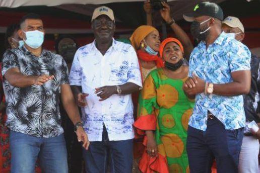 File Image of ODM leader Raila Odinga and Coast leaders Governor Hassan Joho, Mvita MP Abdulswamad Shariff Nassir and MP  Mishi Mboko. 