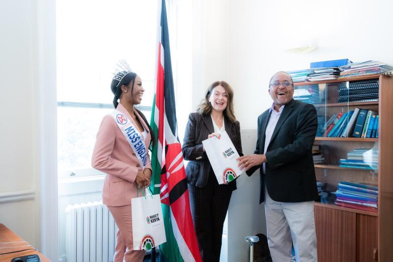 From Left: Miss England 2021 Rehema Muthamia, Yvette Philbert, and Ambassador Kiarie Kamere. |Courtesy| Twitter|