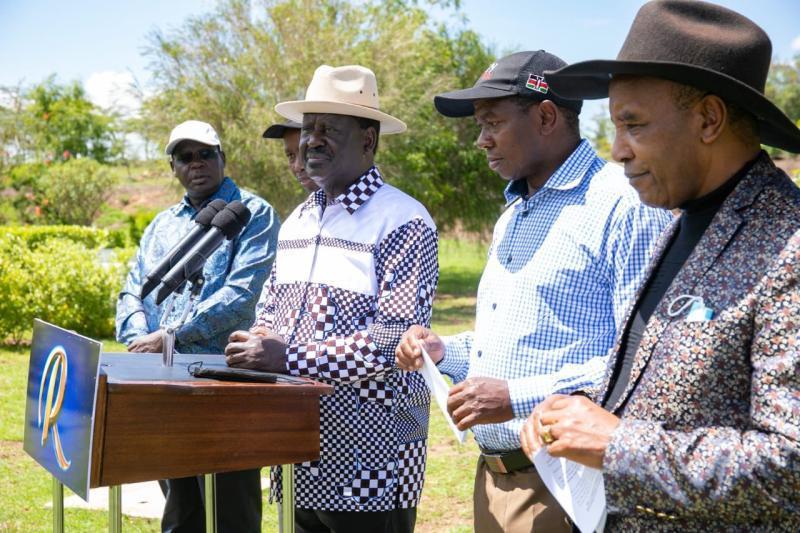 ODM Leader Raila Odinga addresses the press flanked by Mount Kenya Governors on Monday, September 27, 2021. |Photo| Courtesy|