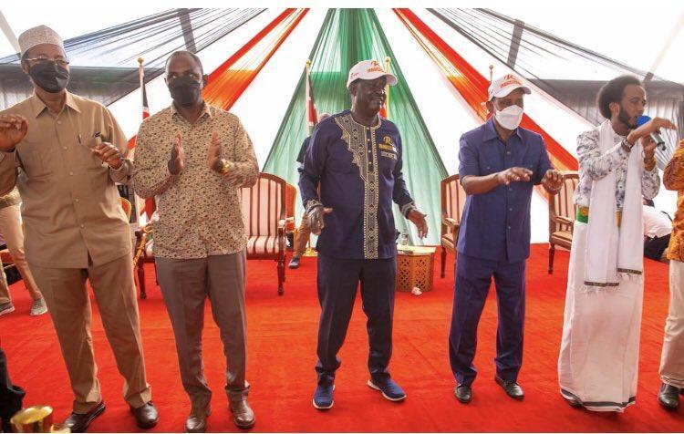 ODM Leader Raila Odinga, Garissa Governor Ali Korane and Treasury CS Ukur Yatani at the Azimio La Umoja convention in Garissa on Monday, October 4, 2021. |Courtesy| Twitter|