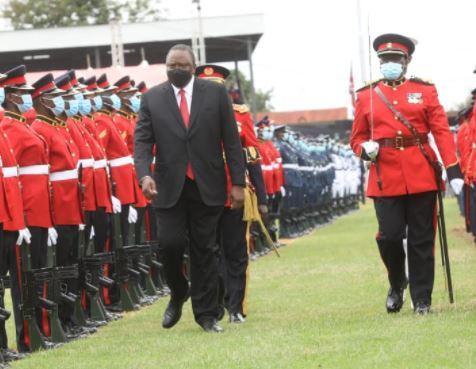 President Uhuru Kenyatta inspects Guard of Honour mounted by KDF Tri-Service Troops led by Kenya Army's  9th Battalion Kenya Rifles at Wang'uru Stadium in Kirinyaga County.