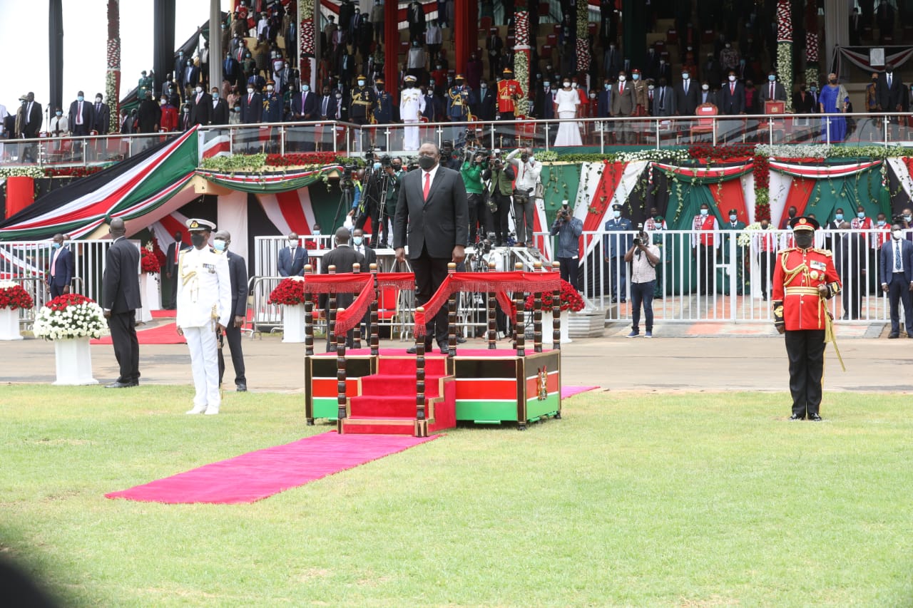 President Uhuru Kenyatta during the Mashujaa Day Celebrations at Wang'uru Stadium in Mwea, Kirinyaga County on Wednesday, October 20, 2021. |Courtesy| Twitter|