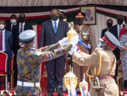 President Uhuru Kenyatta when he presided over KDF recruit pass-out parade at Moi barracks, Eldoret.