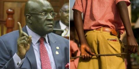 A collage image of CS George Magoha and a pupil holding a cane. |photo| Courtesy|