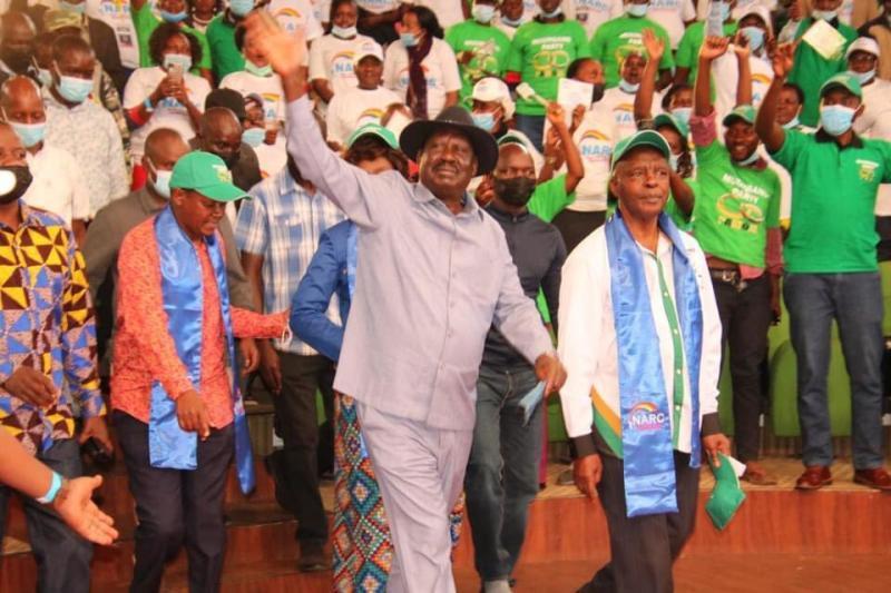 ODM leader Raila Odinga with Governors Charity Ngilu, Kivutha Kibwana and Alfred Mutua at Bomas of Kenya. 