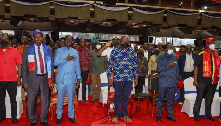 President Uhuru Kenyatta, Raila Odinga, Kalonzo Musyojka and Charity Ngilu at KICC. 