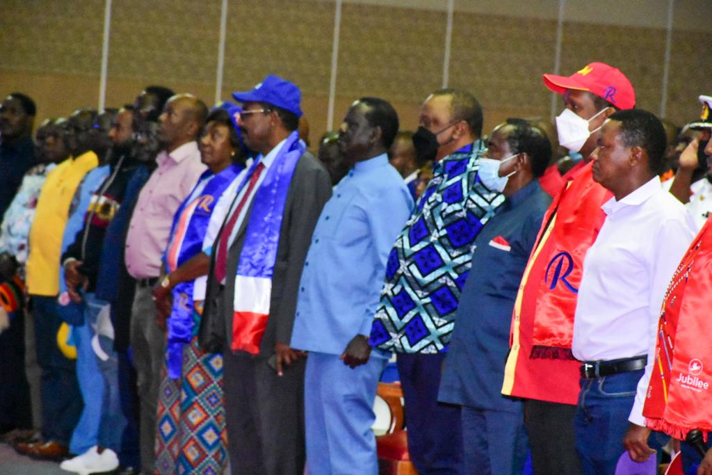 President Uhuru Kenyatta, Raila Odinga, Wiper boss Kalonzo Musyoka and other leaders at Jacaranda Grounds.