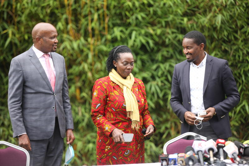 File image of Gatundu South MP Moses Kuria, TSP party leader Mwangi Kiunjuri and NARC Kenya party leader Martha Karua. 