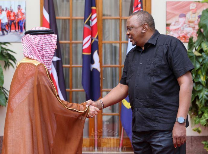 President Uhuru Kenyatta and Saudi Minister of State for African Affairs, Ahmed bin Abdul Aziz Kattan. 
