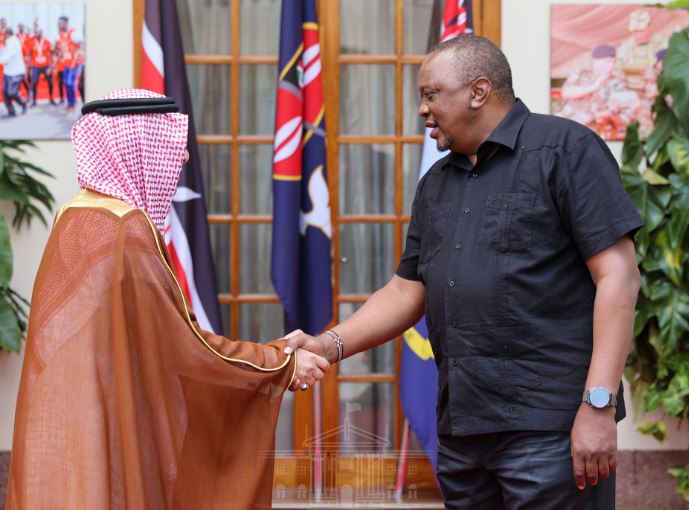 President Uhuru Kenyatta and Saudi Minister of State for African Affairs, Ahmed bin Abdul Aziz Kattan. 