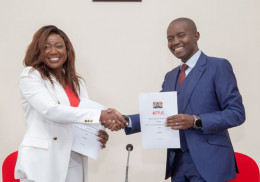  Cabinet Secretary, Ministry of ICT, Innovation & Youth Affairs, Mr Joe Mucheru (right) and Netflix Director of Public Policy SSA, Shola Sanni (left) during the signing of the Memorandum of Understanding (MoU) at Safari Park Hotel, Nairobi today.