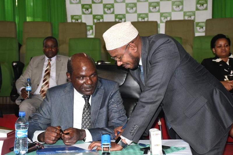 IEBC Chairman Wafula Chebukati with IEBC CEO Hussein Marjan at the Bomas of Kenya. 