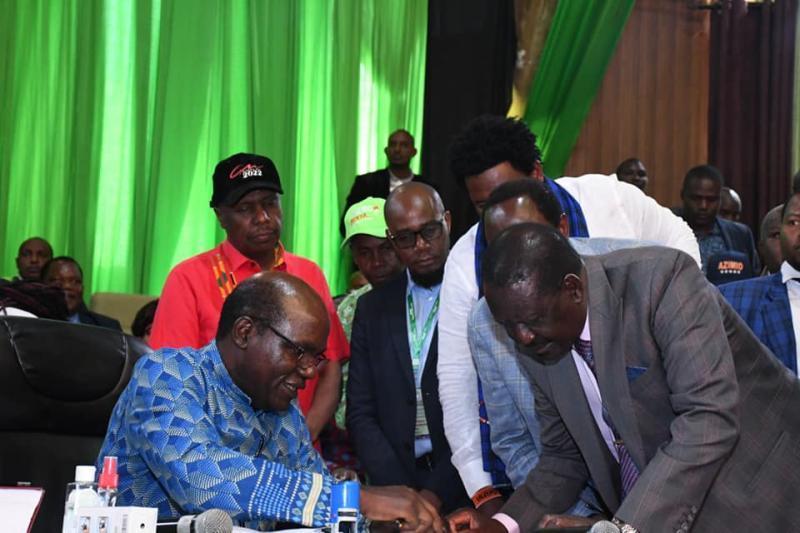 Raila Odinga and IEBC chairman Wafula Chebukati at Bomas of Kenya.