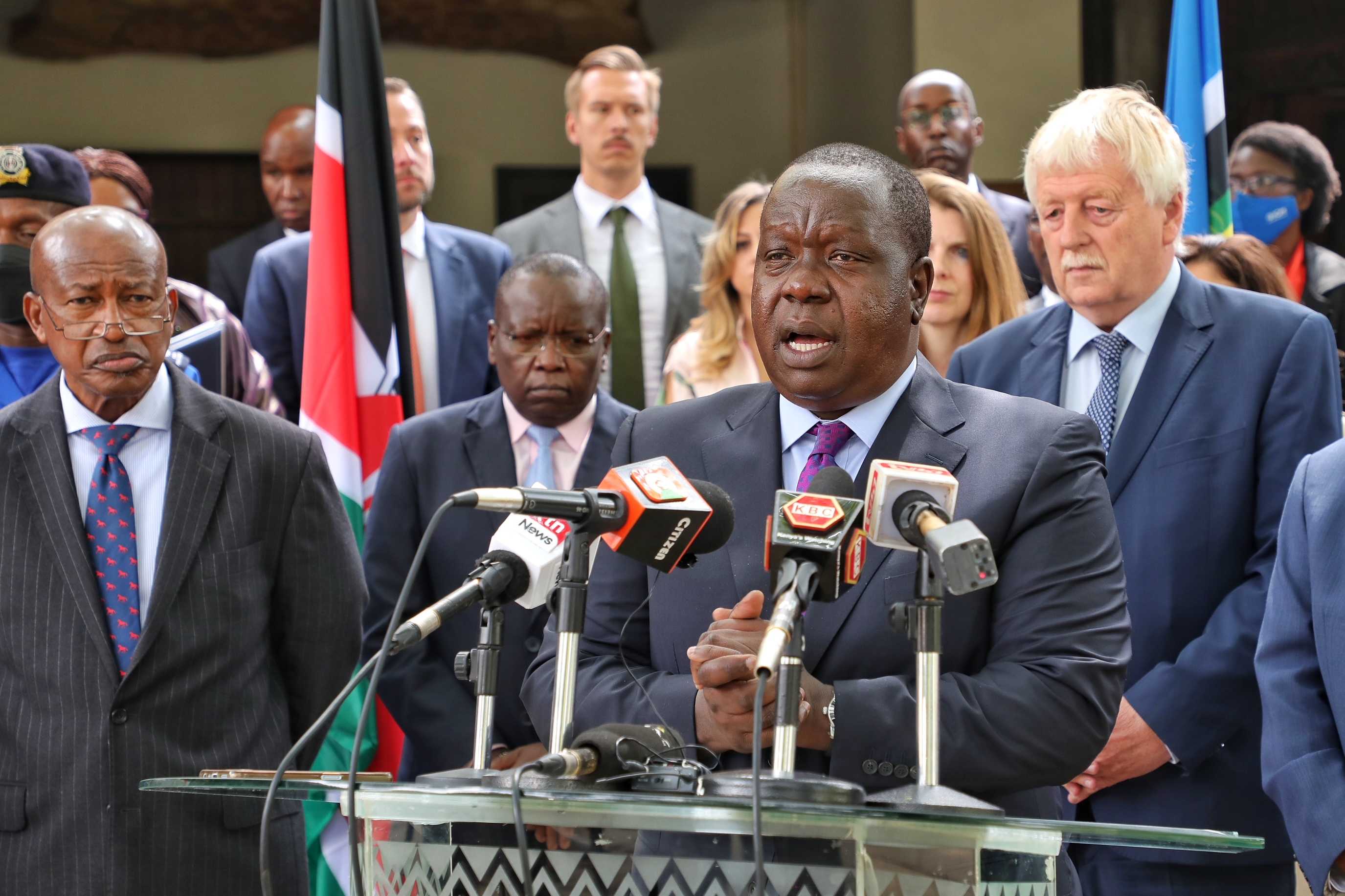 Interior CS Fred Matiang’i with development partners. 