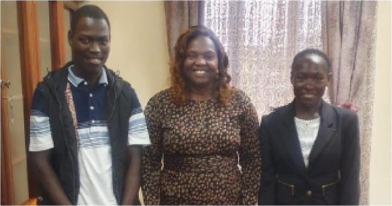 Pastor Dorcas Rigathi with the two university students she met.