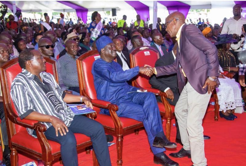 ODM leader Raila Odinga greets Kakamega Senator Boni Khalwale.