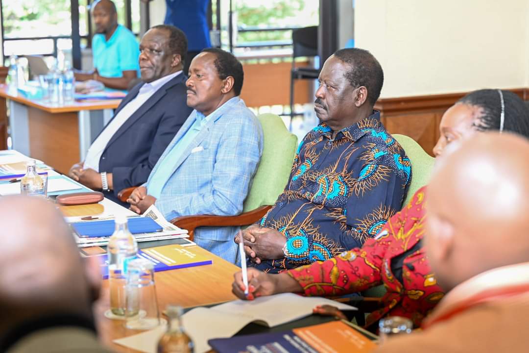 Raila Odinga, Kalonzo Musyoka, and Wycliffe Oparanya during an ongoing retreat in Naivasha for Azimio Governors.