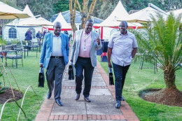 President William Ruto with his deputy Rigathi Gachagua and prime cabinet secretary Musalia Mudavadi at Fairmont Mt Kenya Safari Club.