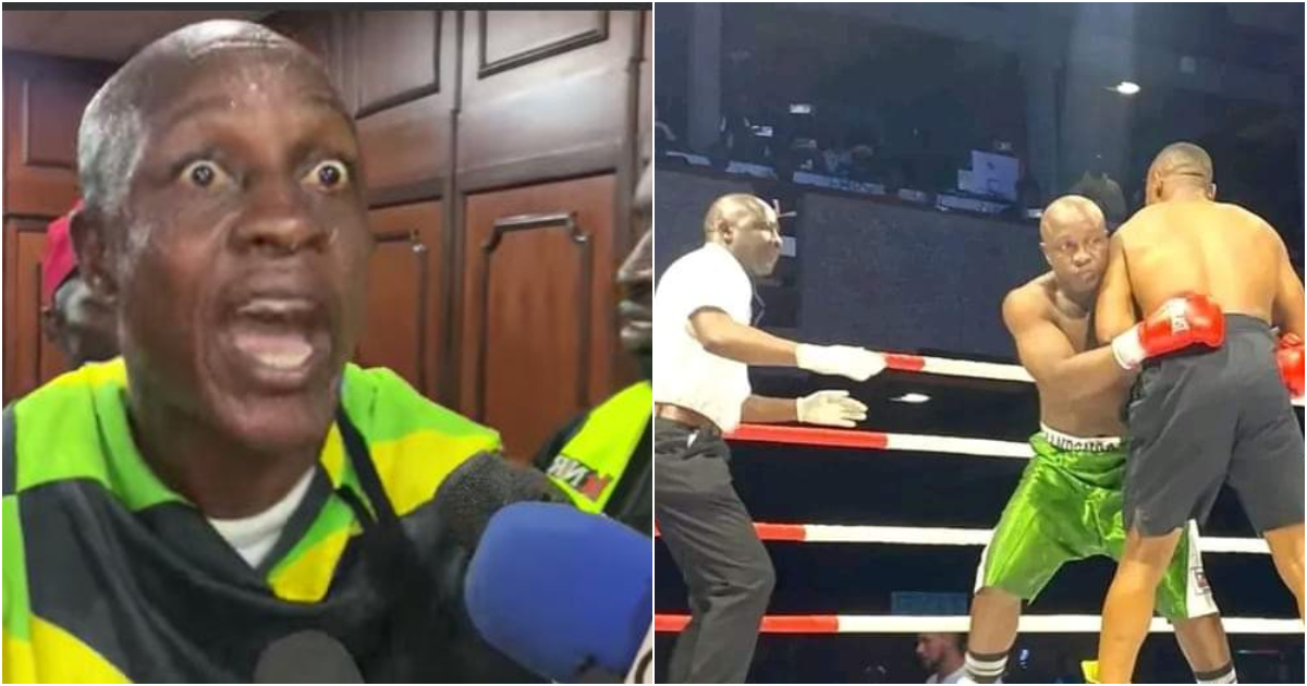 Tanzania's Karim Mandoga floored his Kenyan opponent Daniel Wanyonyi in their bout at KICC, Nairobi.